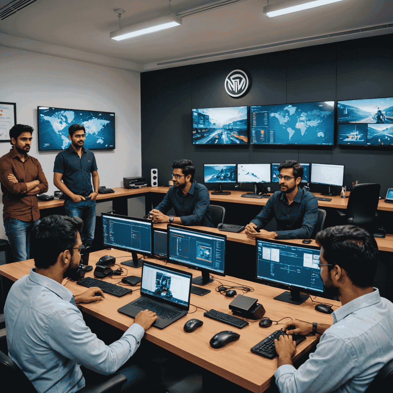 The Upscale-Games team in their office in India, surrounded by mobile devices and AI visualization screens. The team appears diverse and engaged in discussion about mobile game development.