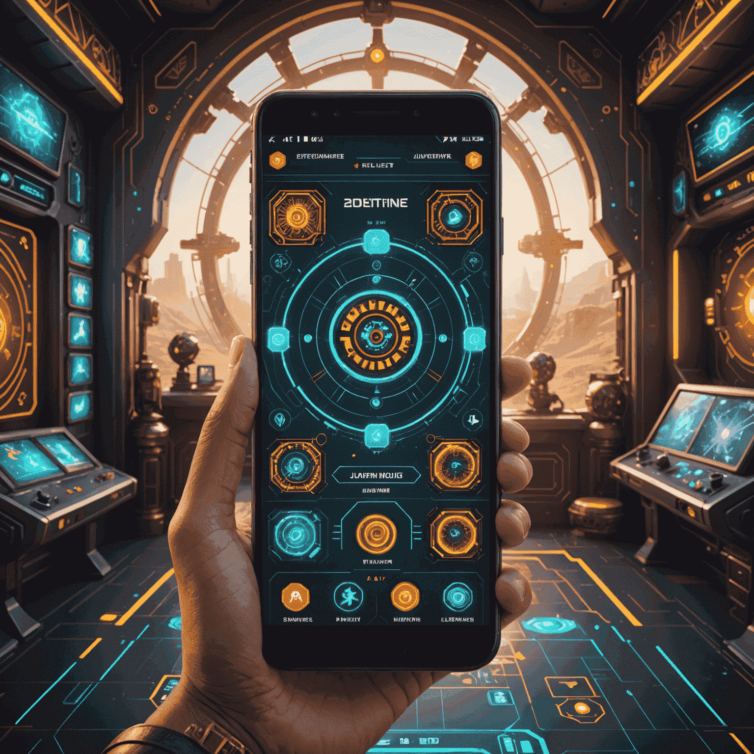 A futuristic mobile gaming interface showcasing AI-powered elements, with Indian cultural motifs in the background