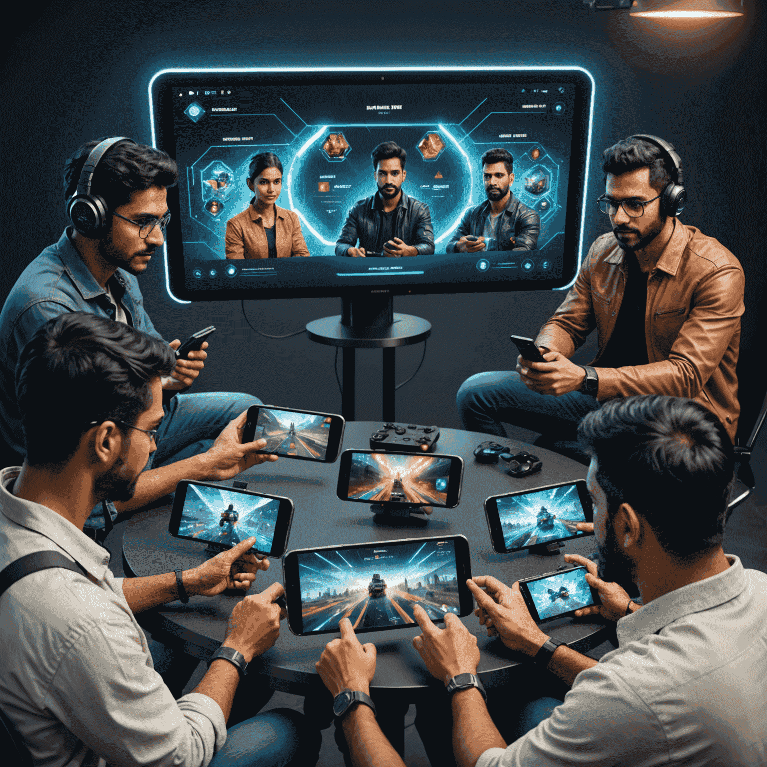 Futuristic mobile gaming interface with AI elements, showing a diverse group of Indian gamers interacting with advanced mobile devices