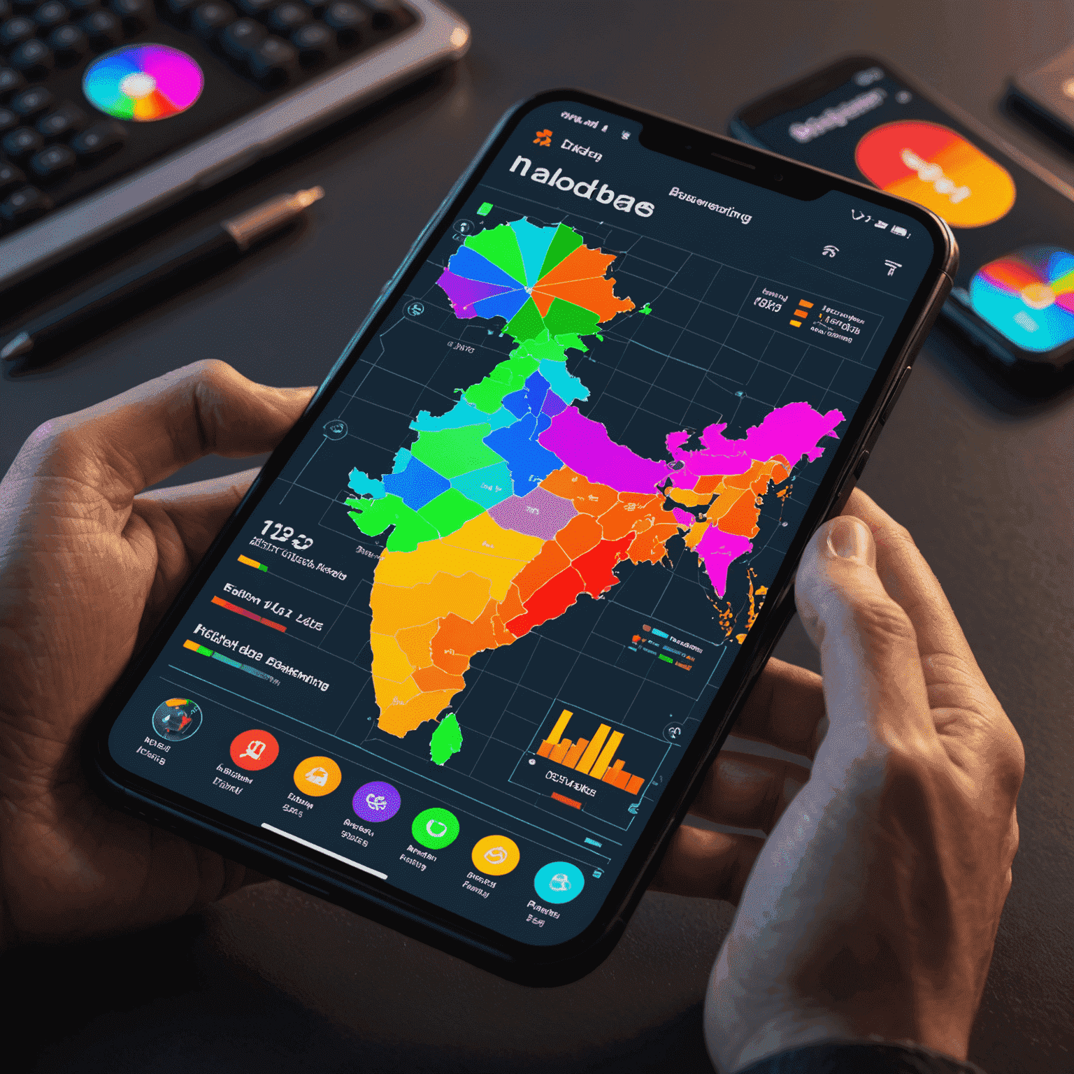 A visualization of AI-driven player behavior analysis, showing heat maps of in-game activity and charts depicting player preferences in the Indian mobile gaming market.