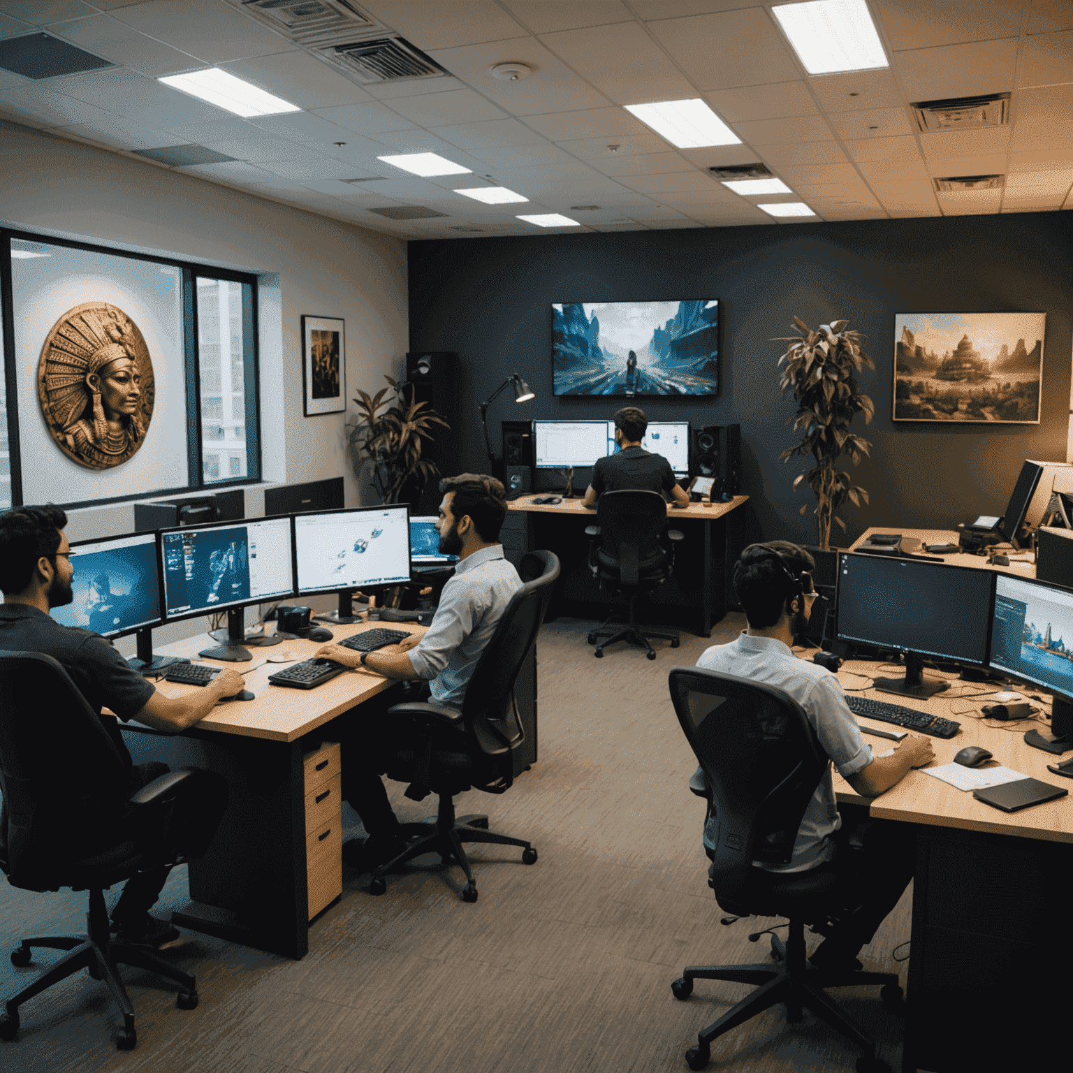 A behind-the-scenes image of Upscale-Games' office, showing developers working on AI algorithms and game design, with Indian cultural elements in the background