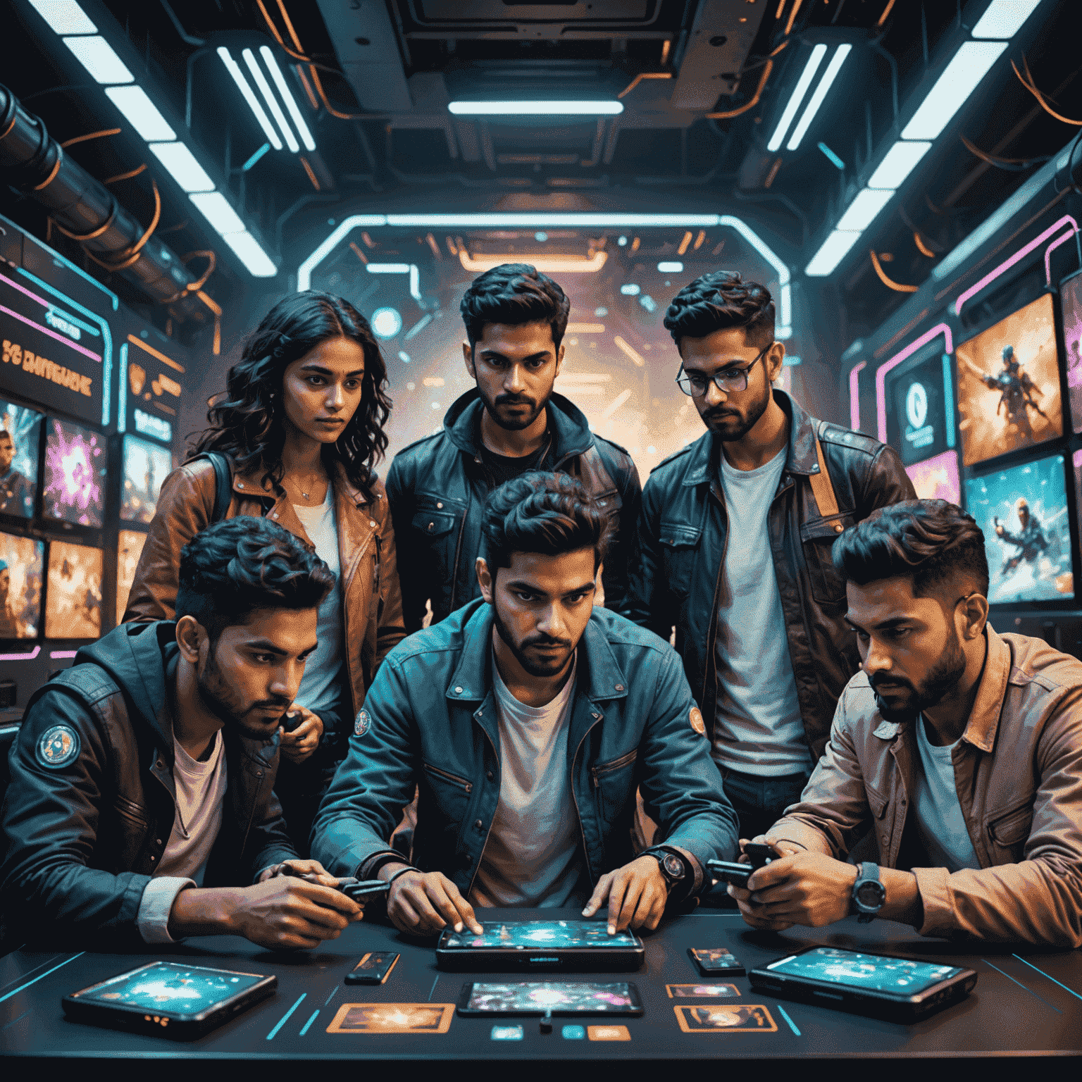 A diverse group of Indian gamers engrossed in AI-powered mobile games, with futuristic UI elements floating around them