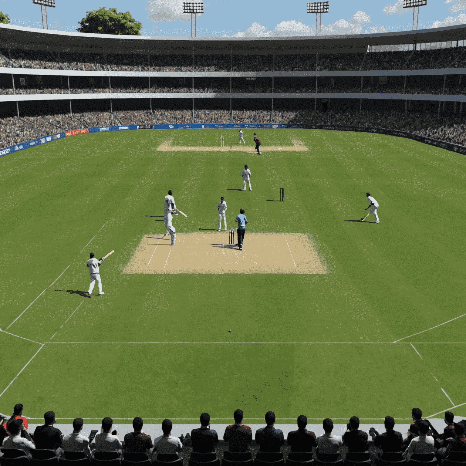 AI Sports Simulator screenshot showing a cricket match with AI-controlled players