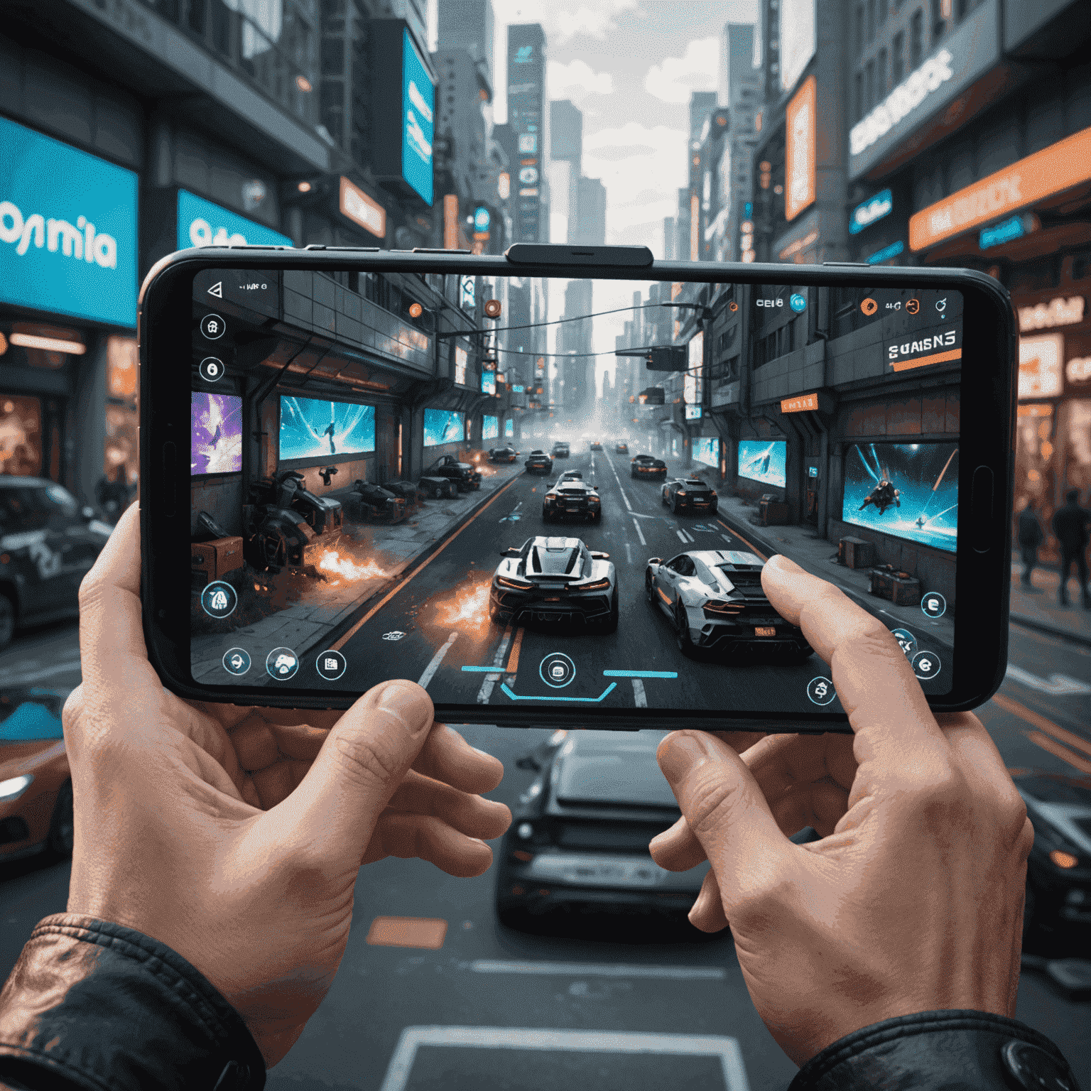 A futuristic visualization of mobile gaming in 2024, featuring advanced AI-driven interfaces and immersive gameplay elements