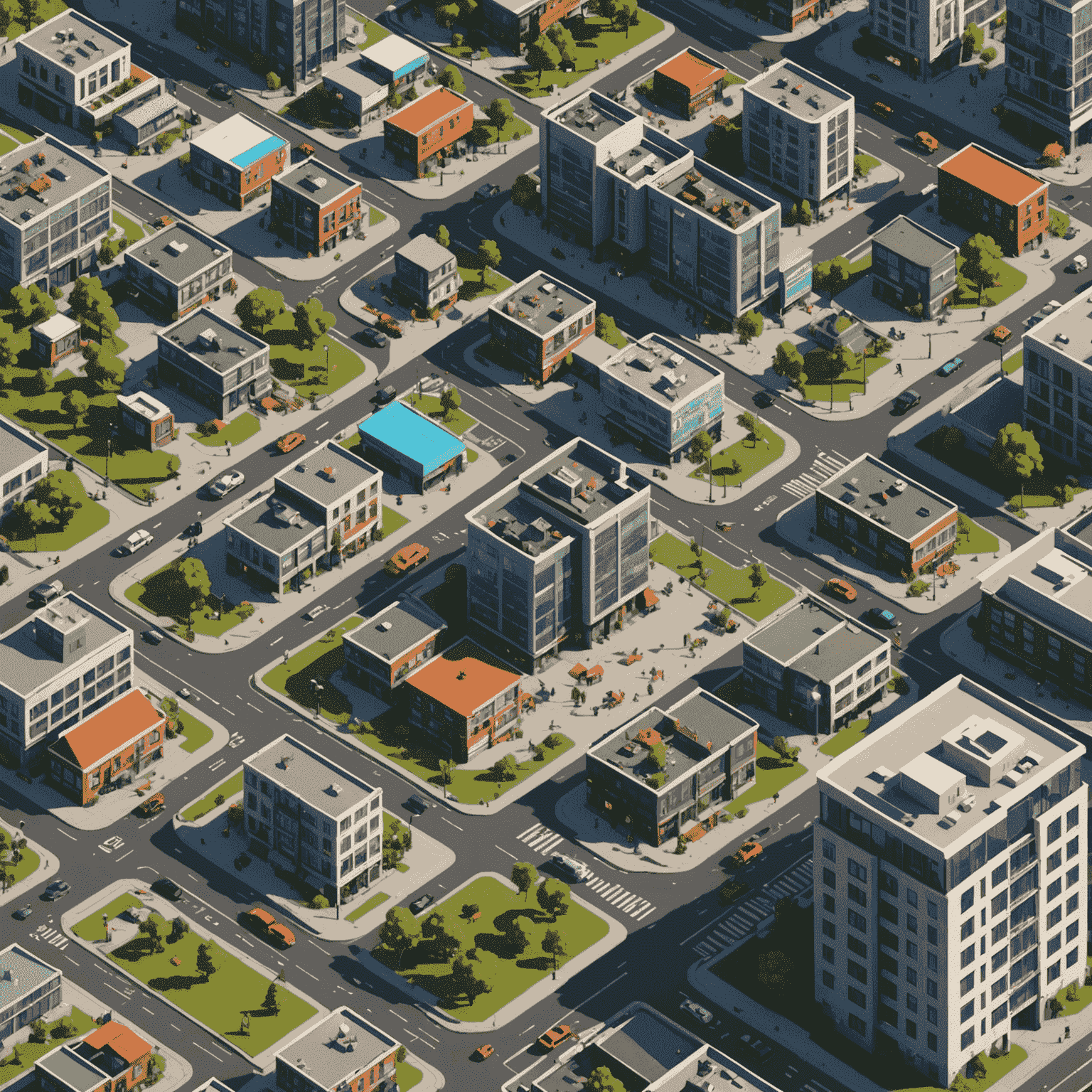 AI City Builder game screenshot showing a bustling city with AI-driven citizen activities