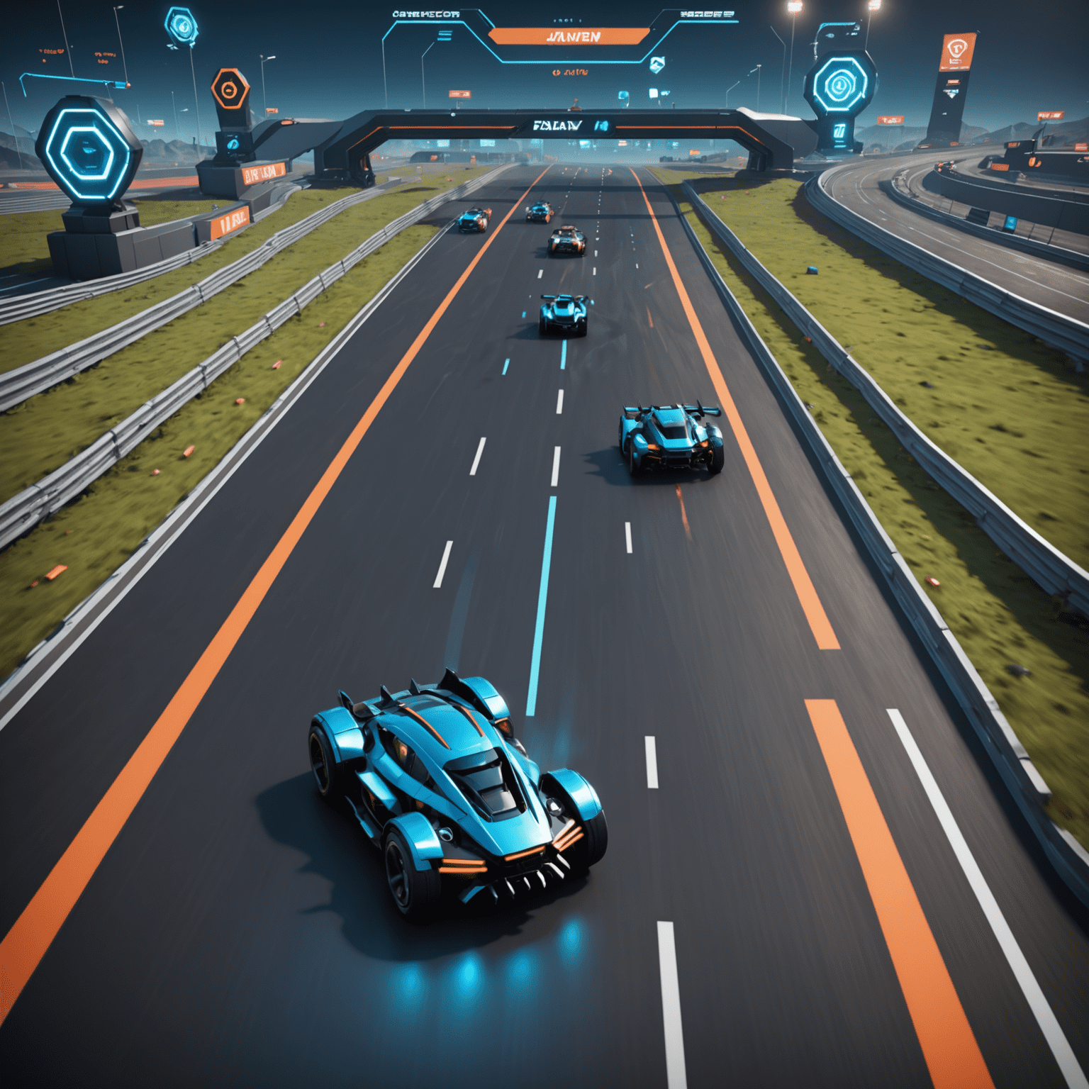 Robo Racer game interface showing a futuristic race track with AI-controlled vehicles